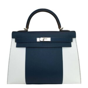 Hermes Kelly Flag Sellier 32 White Blue Thalassa Epsom Leather Palladium Hardware