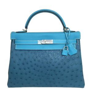 Hermes Kelly 32 Limited Edition Cobalt Blue Jean Colvert Multi Color Ostrich Swift Clemence Leather Palladium Hardware