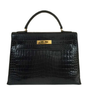 Hermes Kelly 32 Black Shiny Porosus Crocodile Gold Hardware Vintage