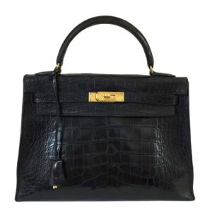 Hermes Kelly 32 Black Crocodile Gold Hardware Vintage