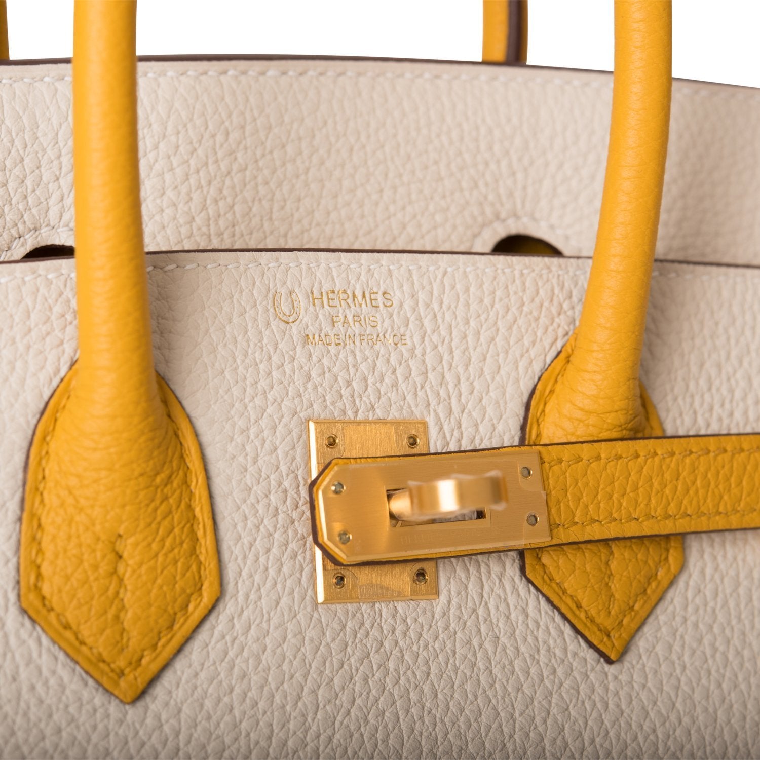Hermes Horseshoe Stamp (HSS) Bi-Color Craie and Jaune Ambre Togo Birkin 25cm Brushed Gold Hardware - Image 7