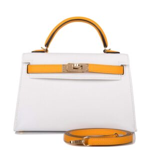 Hermes Horseshoe Stamp (HSS) White and Jaune D'Or Epsom Sellier Kelly 20cm with Permabrass Hardware