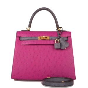 Hermes Horseshoe Stamp HSS Bi-Color Rose Pourpre Gris Agate Ostrich Sellier Kelly 25cm Brushed Gold Hardware