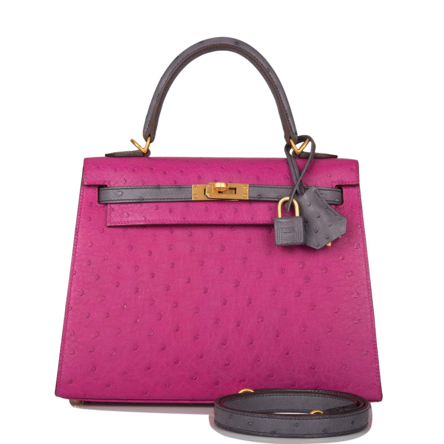 Hermes Horseshoe Stamp HSS Bi-Color Rose Pourpre Gris Agate Ostrich Sellier Kelly 25cm Brushed Gold Hardware