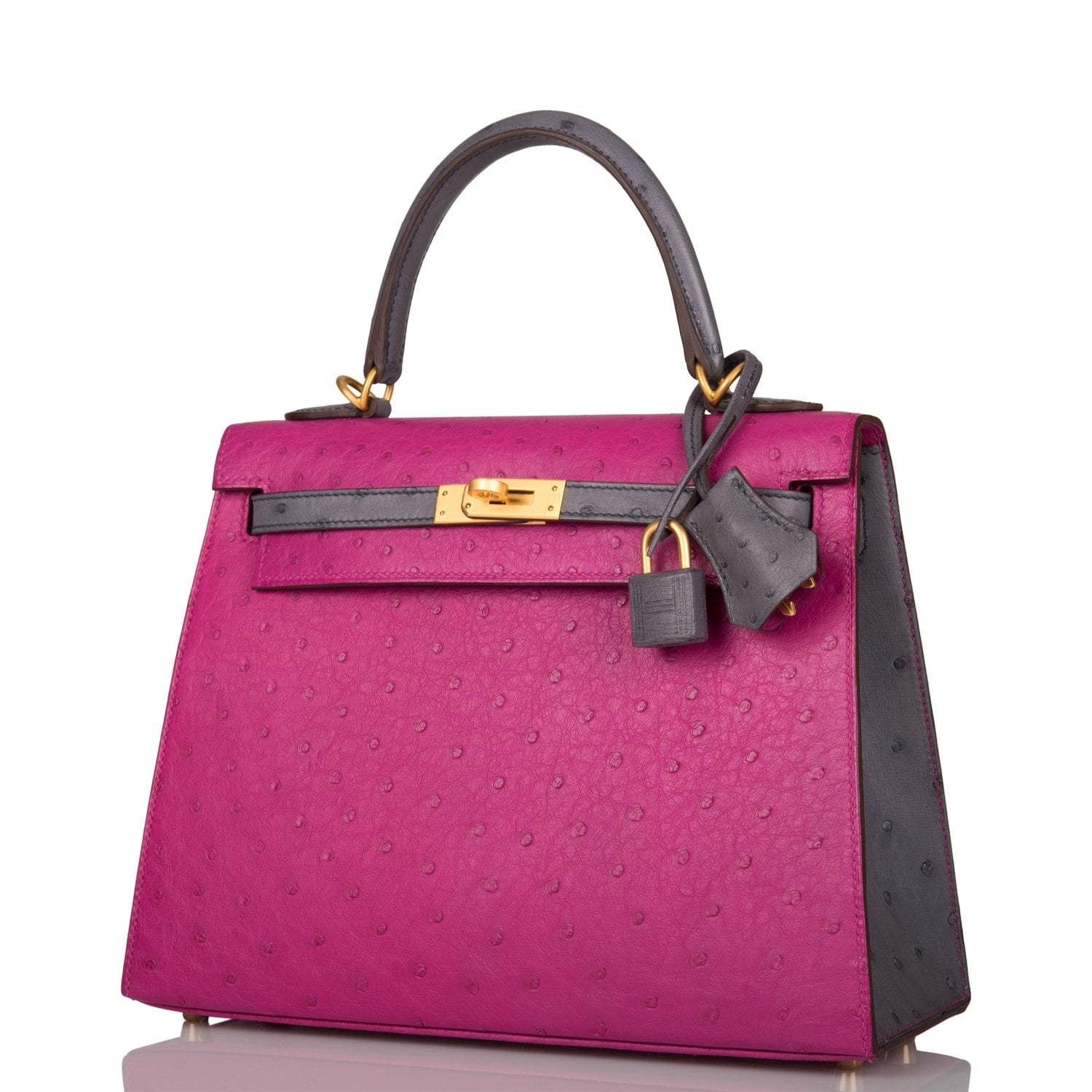 Hermes Horseshoe Stamp HSS Bi-Color Rose Pourpre Gris Agate Ostrich Sellier Kelly 25cm Brushed Gold Hardware - Image 5