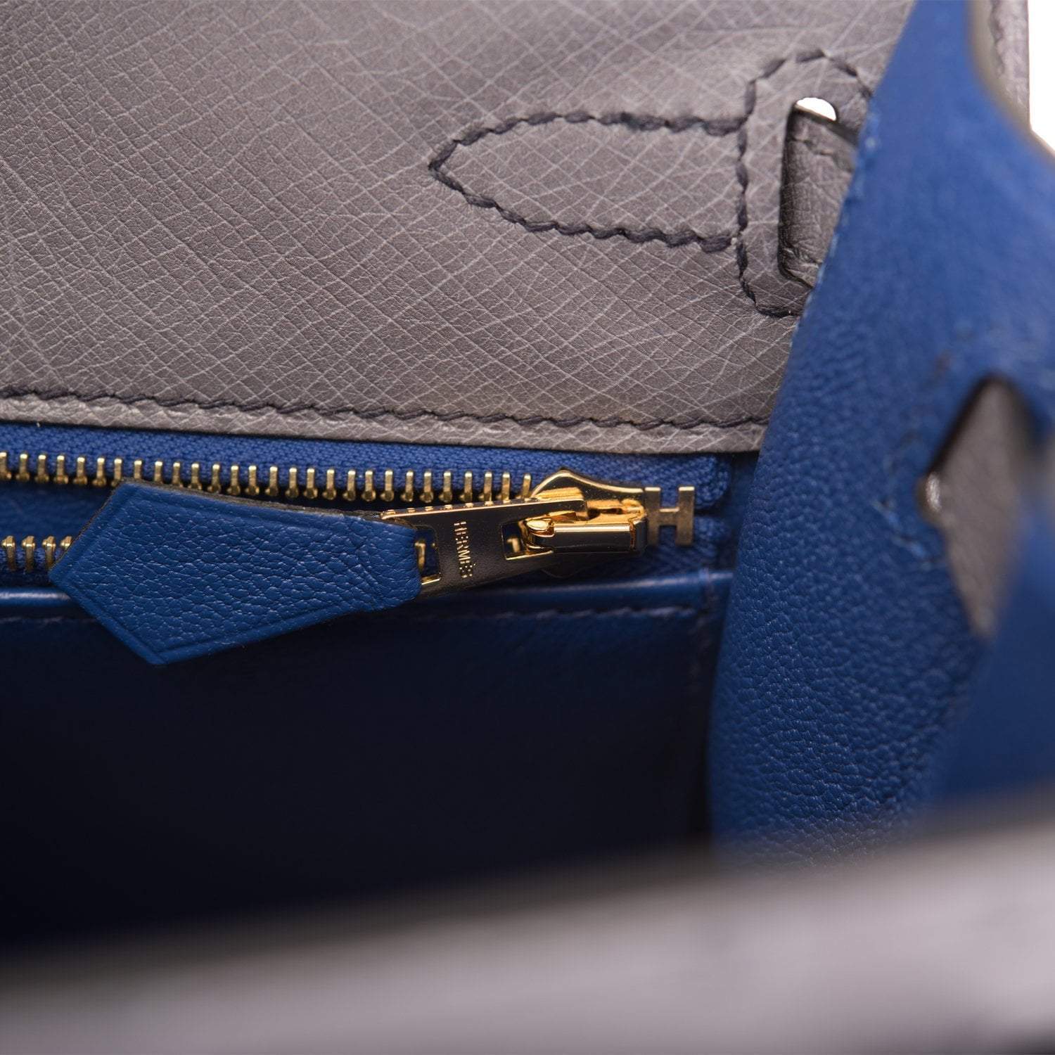 Hermes Horseshoe Stamp (HSS) Bi-Color Gris Agate and Bleu Electric Ostrich Sellier Kelly 25cm Brushed Gold Hardware - Image 9