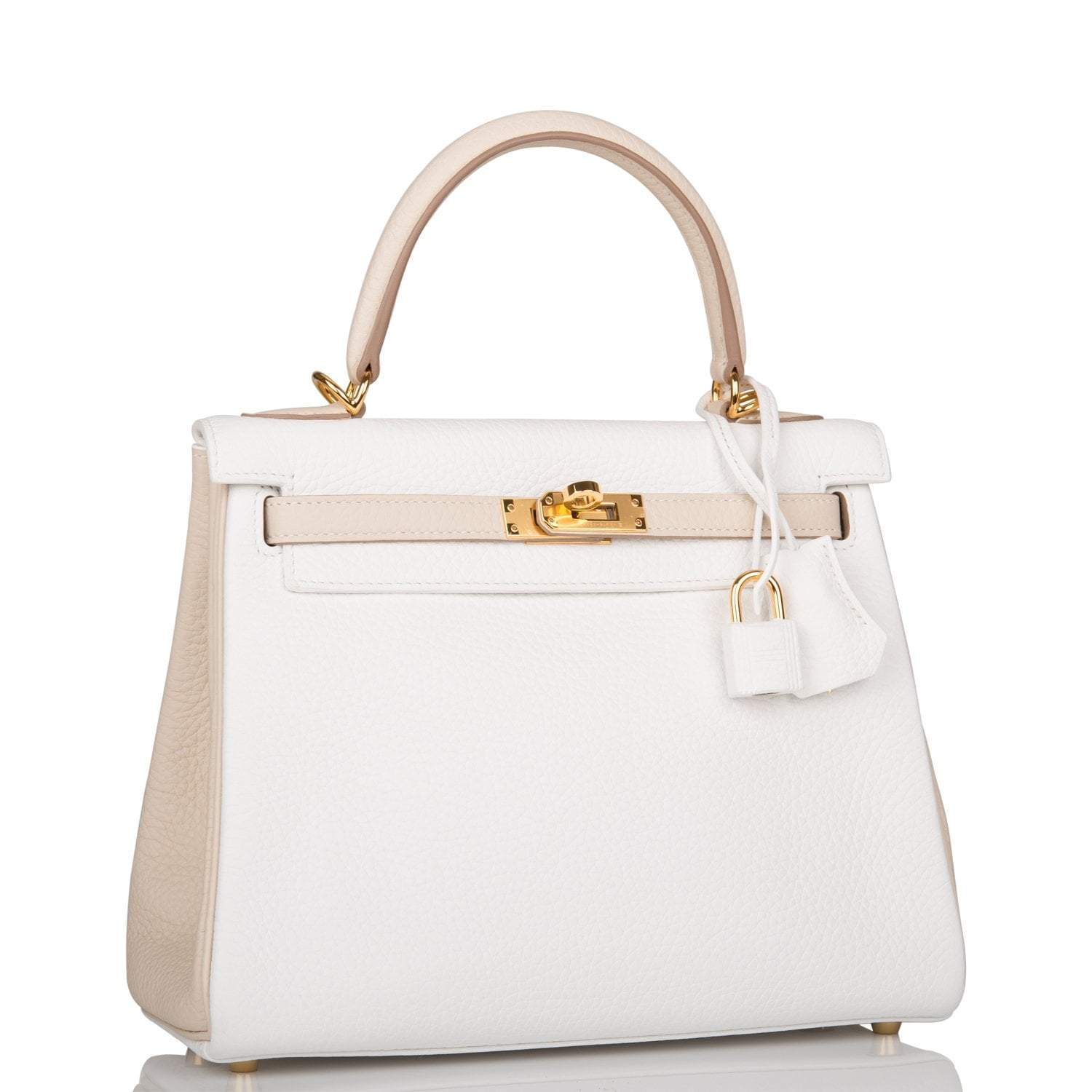 Hermes Horseshoe Stamp (HSS) Bi-Color White and Trench Clemence Retourne Kelly 25cm Gold Hardware - Image 2