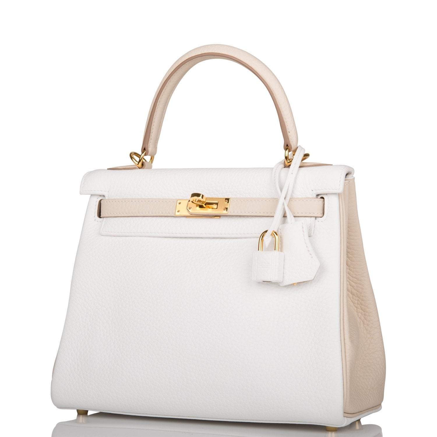 Hermes Horseshoe Stamp (HSS) Bi-Color White and Trench Clemence Retourne Kelly 25cm Gold Hardware - Image 5