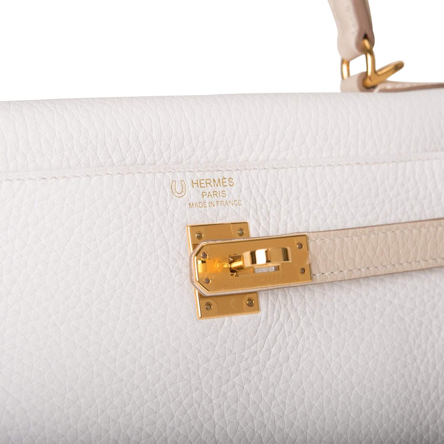 Hermes Horseshoe Stamp (HSS) Bi-Color White and Trench Clemence Retourne Kelly 25cm Gold Hardware - Image 7