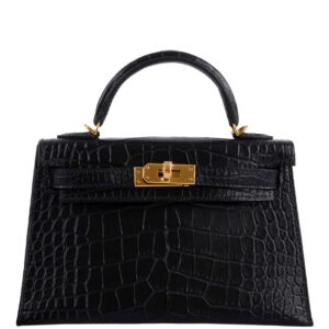Hermes Kelly 20 Mini II Sellier Black Matte Alligator Gold Hardware