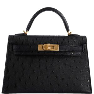 Hermes Kelly 20 Mini II Sellier Black Ostrich Gold Hardware