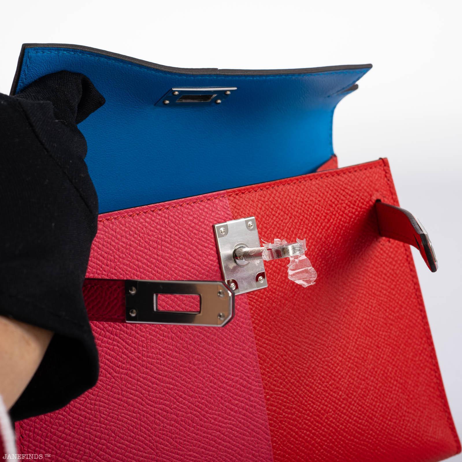 Hermes Kelly 20 Mini II Sellier Tri-color Rose Extreme, Rouge de Coeur, Bleu Zanzibar Epsom Palladium - 2021, Z - Image 2