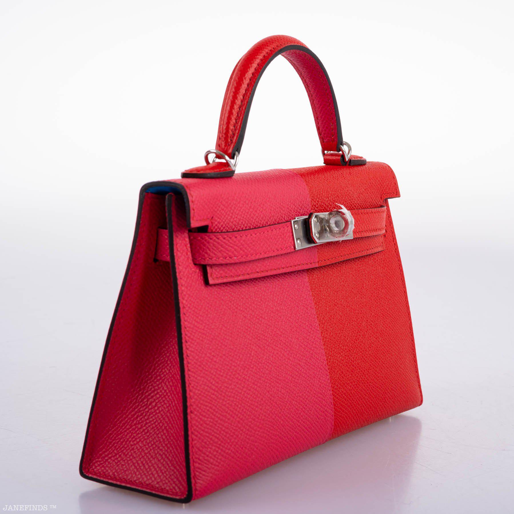 Hermes Kelly 20 Mini II Sellier Tri-color Rose Extreme, Rouge de Coeur, Bleu Zanzibar Epsom Palladium - 2021, Z - Image 4