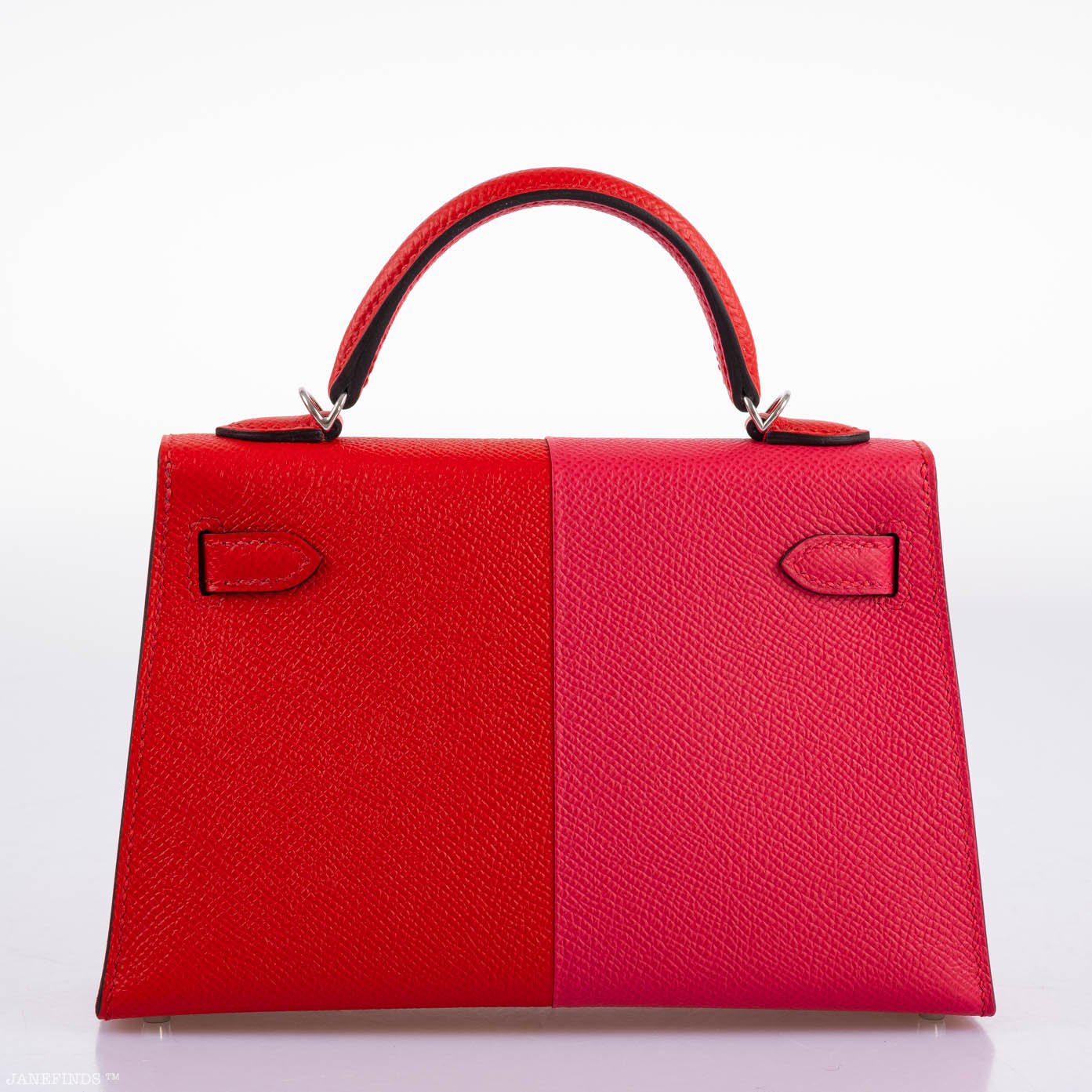 Hermes Kelly 20 Mini II Sellier Tri-color Rose Extreme, Rouge de Coeur, Bleu Zanzibar Epsom Palladium - Image 6