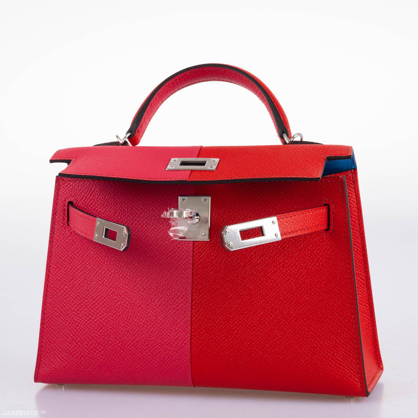 Hermes Kelly 20 Mini II Sellier Tri-color Rose Extreme, Rouge de Coeur, Bleu Zanzibar Epsom Palladium - 2021, Z - Image 7