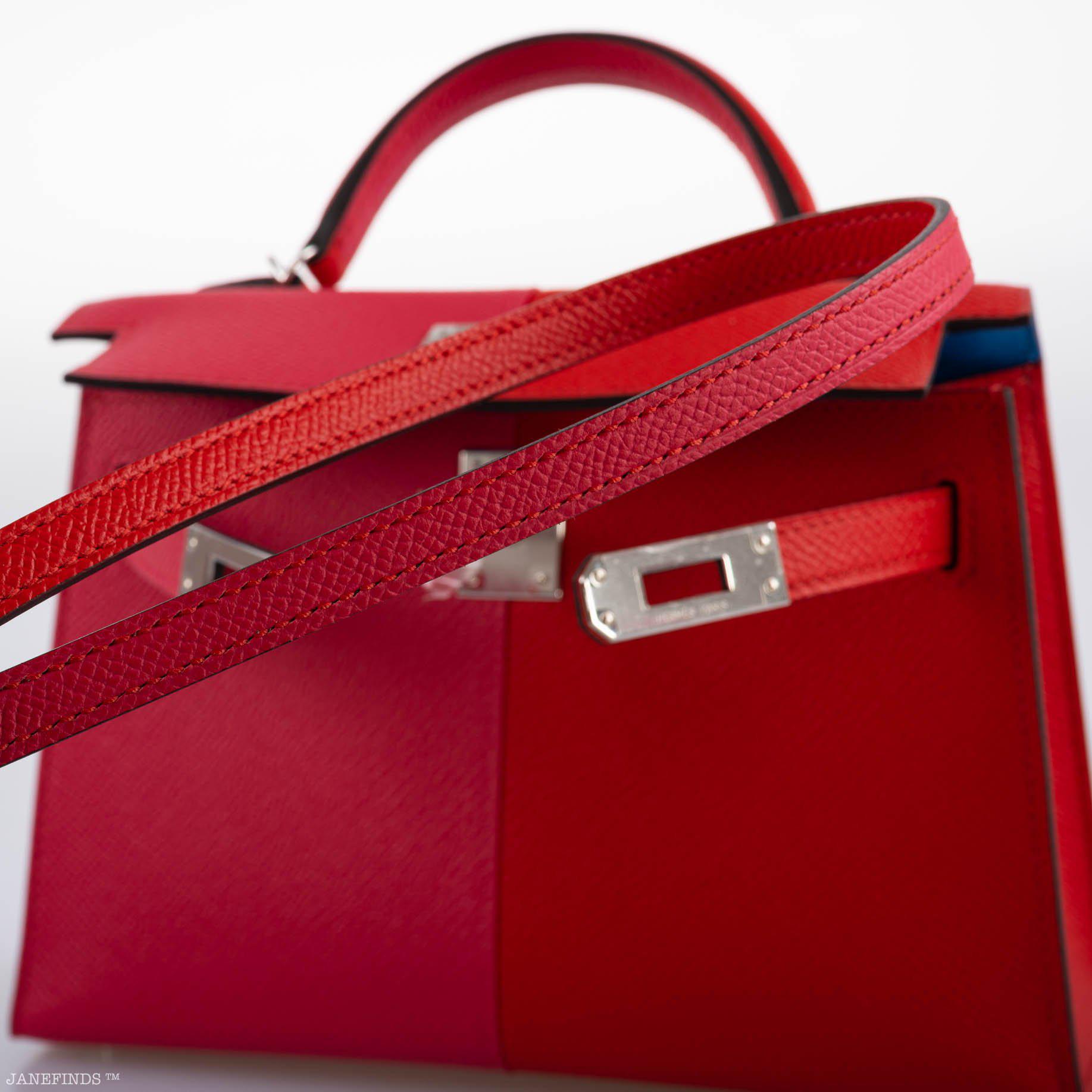 Hermes Kelly 20 Mini II Sellier Tri-color Rose Extreme, Rouge de Coeur, Bleu Zanzibar Epsom Palladium - Image 7