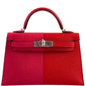 Hermes Kelly 20 Mini II Sellier Tri-color Rose Extreme, Rouge de Coeur, Bleu Zanzibar Epsom Palladium