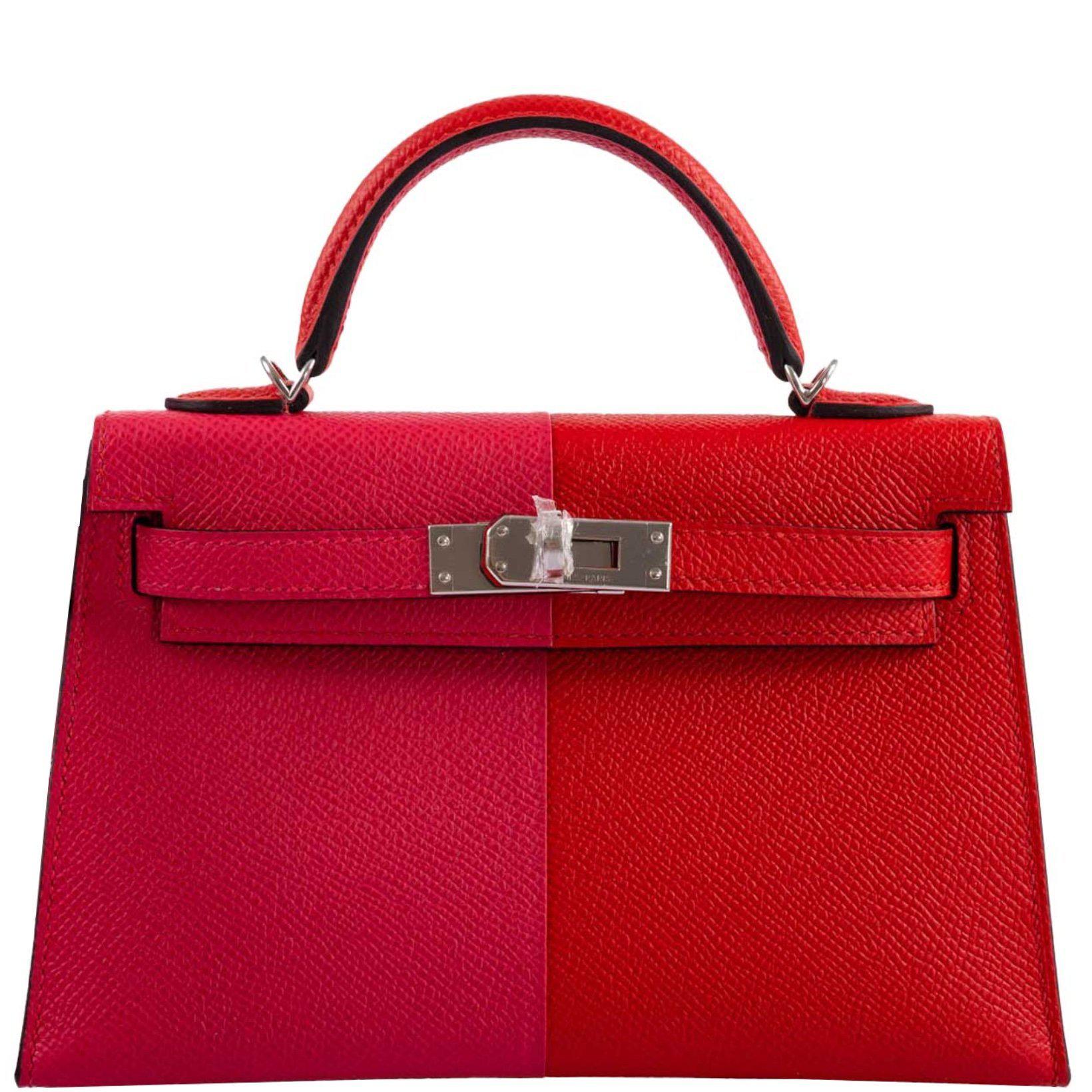 Hermes Kelly 20 Mini II Sellier Tri-color Rose Extreme, Rouge de Coeur, Bleu Zanzibar Epsom Palladium
