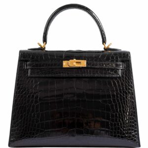Hermes Kelly 25 HSS Sellier Black Shiny Alligator Brushed Gold Hardware - 2019, D