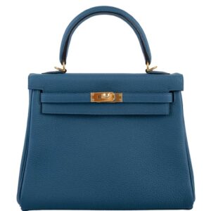 Hermes Kelly 25 Retourne Blue Colvert Togo Gold Hardware