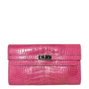 Hermes Kelly Long Wallet Clutch Fuchsia Alligator Leather Palladium Hardware