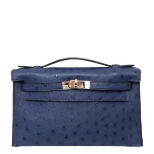 Hermes Kelly Pochette Mini Sapphire Blue Ostrich Palladium Hardware