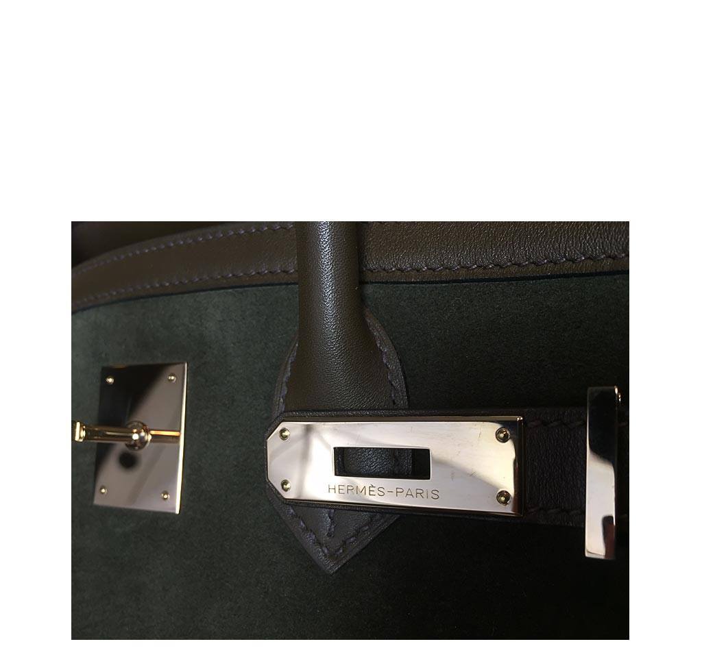 Hermes Birkin 35 Grizzly Vert De Gris Veau Swift Leather Suede Permabrass Hardware - Image 4