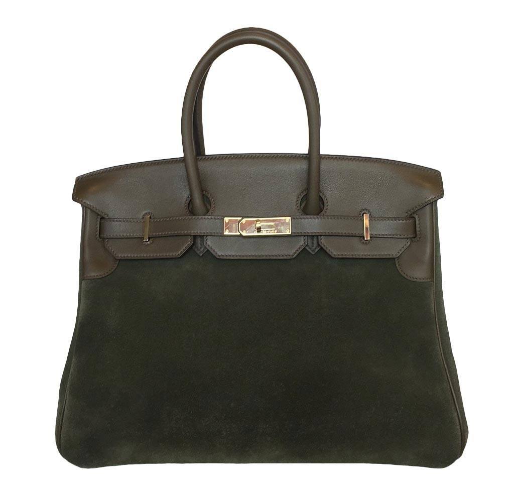Hermes Birkin 35 Grizzly Vert De Gris Veau Swift Leather Suede Permabrass Hardware