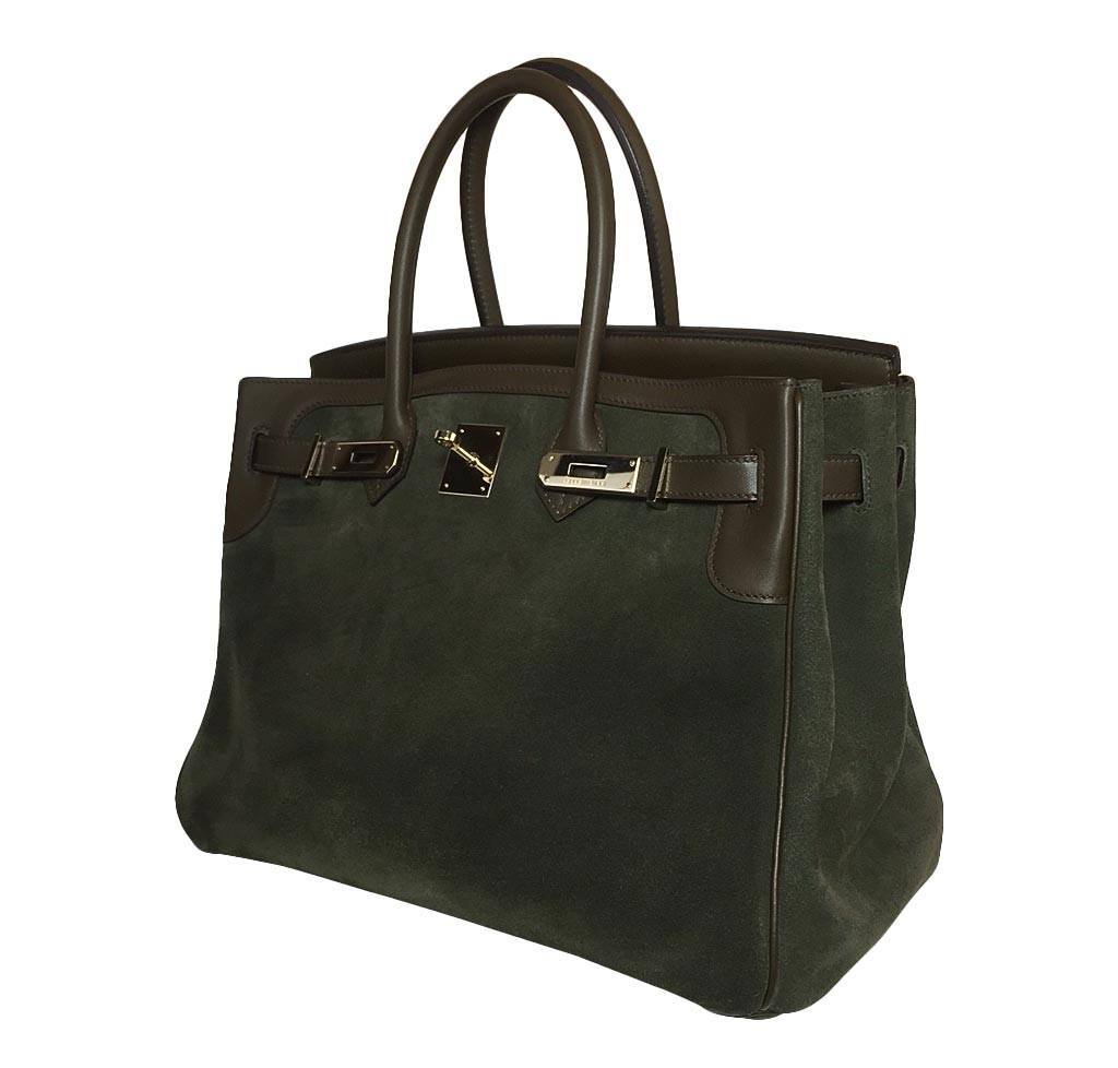Hermes Birkin 35 Grizzly Vert De Gris Veau Swift Leather Suede Permabrass Hardware - Image 3