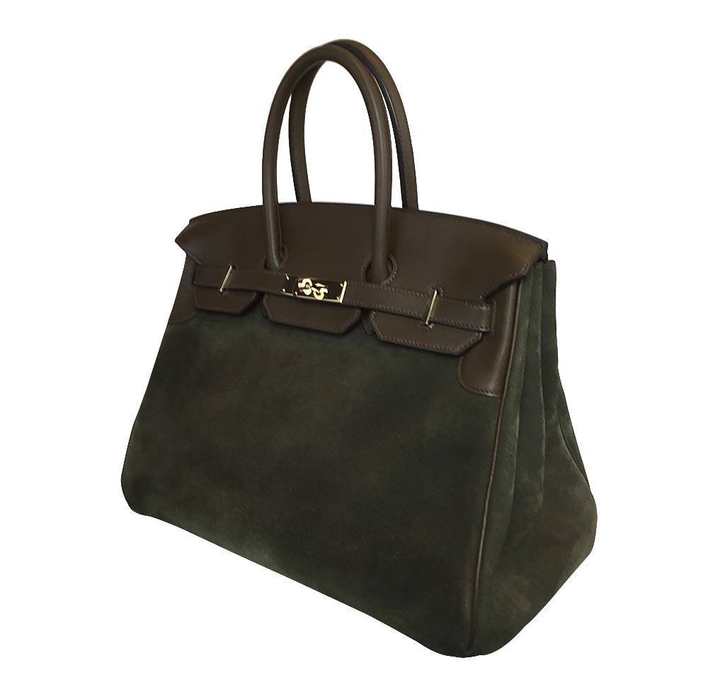 Hermes Birkin 35 Grizzly Vert De Gris Veau Swift Leather Suede Permabrass Hardware - Image 2
