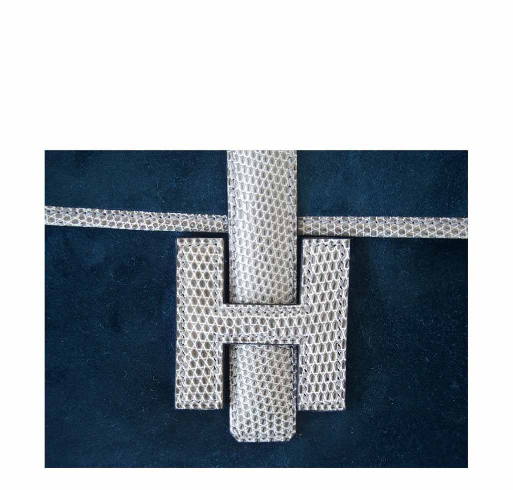 Hermes Jige 29 Blue Ocean Gris Fonce Suede Lizard Clutch - Image 3