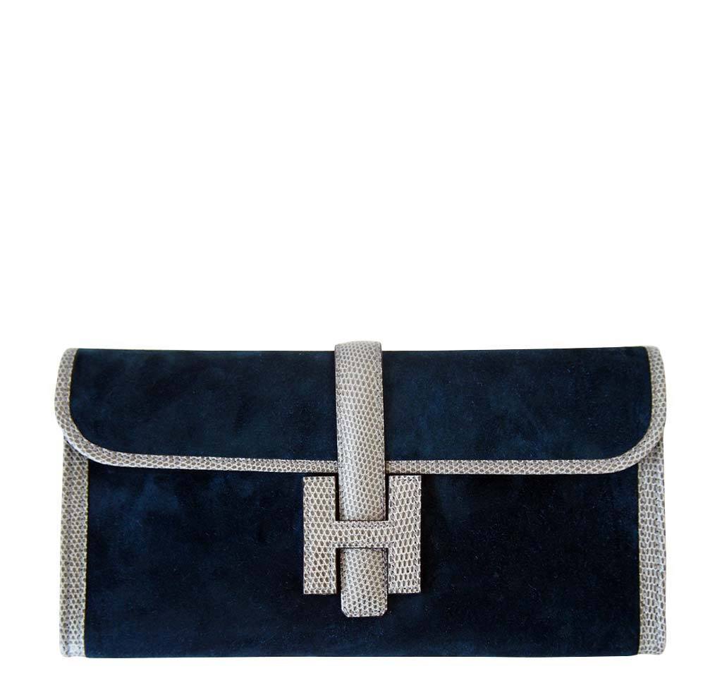 Hermes Jige 29 Blue Ocean Gris Fonce Suede Lizard Clutch