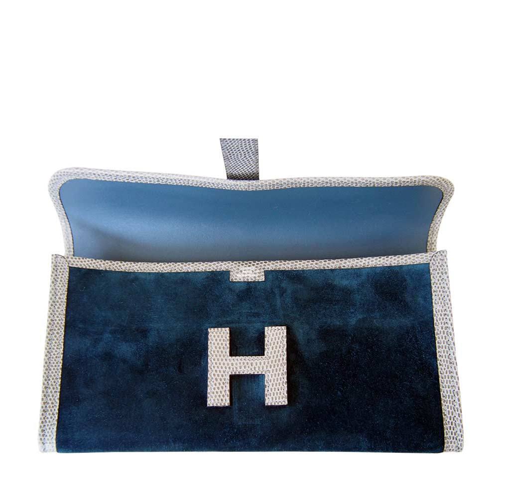 Hermes Jige 29 Blue Ocean Gris Fonce Suede Lizard Clutch - Image 4