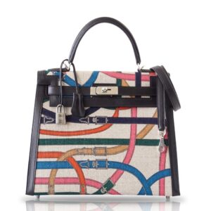Hermes Kelly 32 Cavalcadour Print Noir Toile de Camp Swift Leather Palladium Hardware