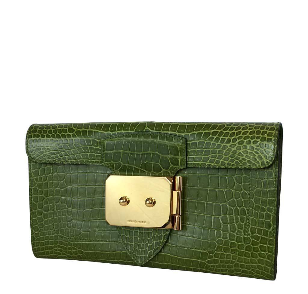 Hermes Goodlock Clutch Pelouse Porosus Crocodile Gold Hardware