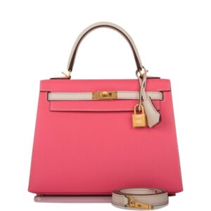 Hermes Kelly 25 Bi-Color Rose Azalee Craie