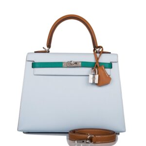 Hermes Kelly Sellier 25 Tri-Color Bleu Brume, Vert Jade and Gold Epsom Palladium Hardware