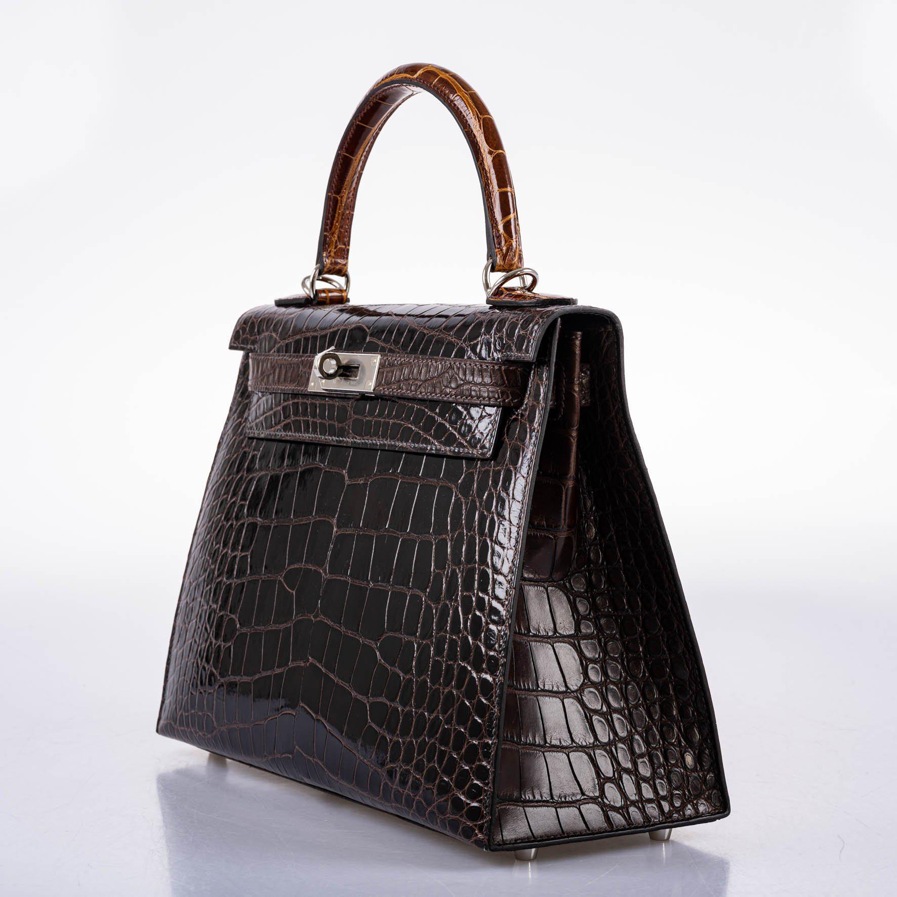 Hermes Kelly 28 Sellier Macassar, Ebene, Miel and Rose Extreme Alligator Palladium Hardware - 2021, Z - Image 15