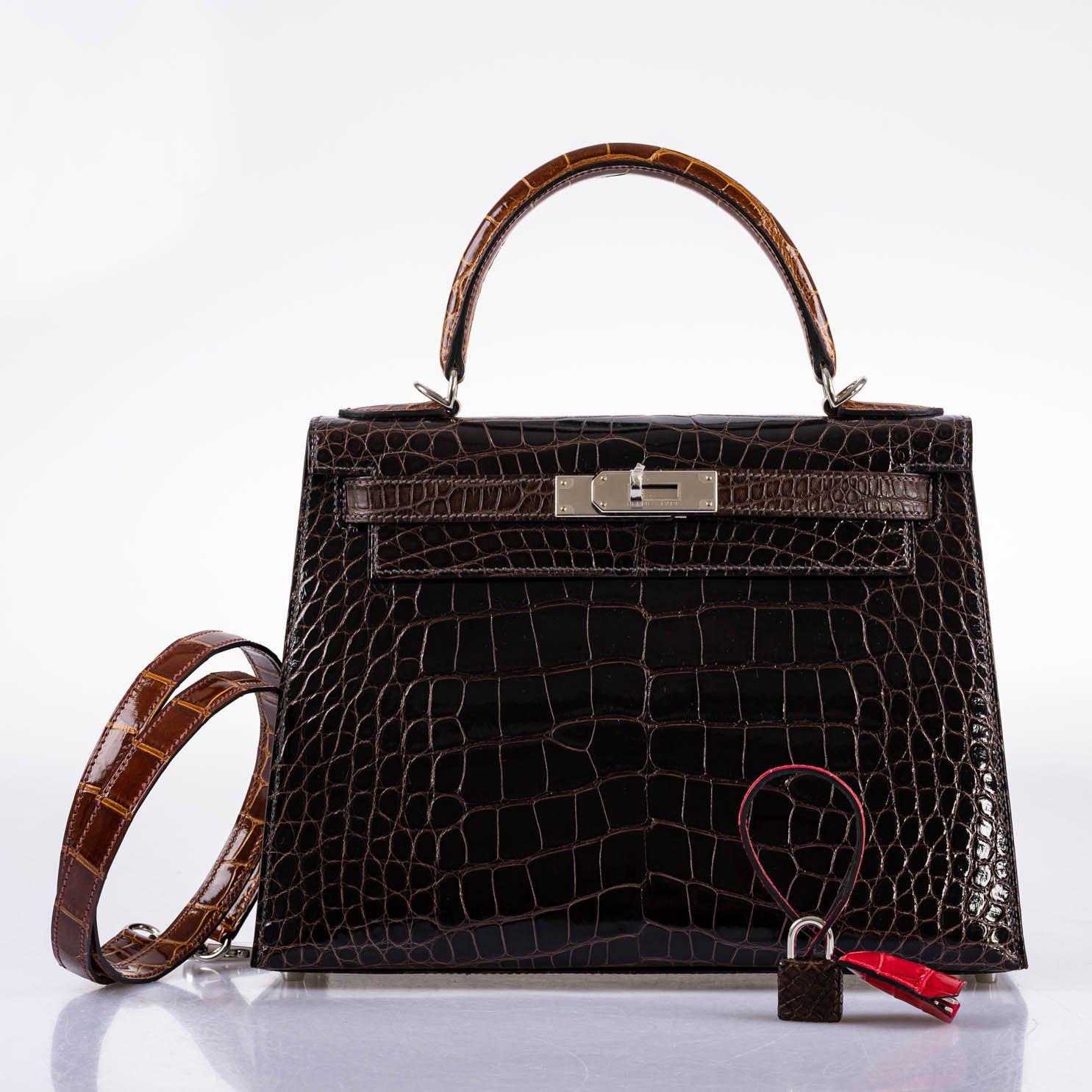 Hermes Kelly 28 Sellier Macassar, Ebene, Miel and Rose Extreme Alligator Palladium Hardware - 2021, Z - Image 17