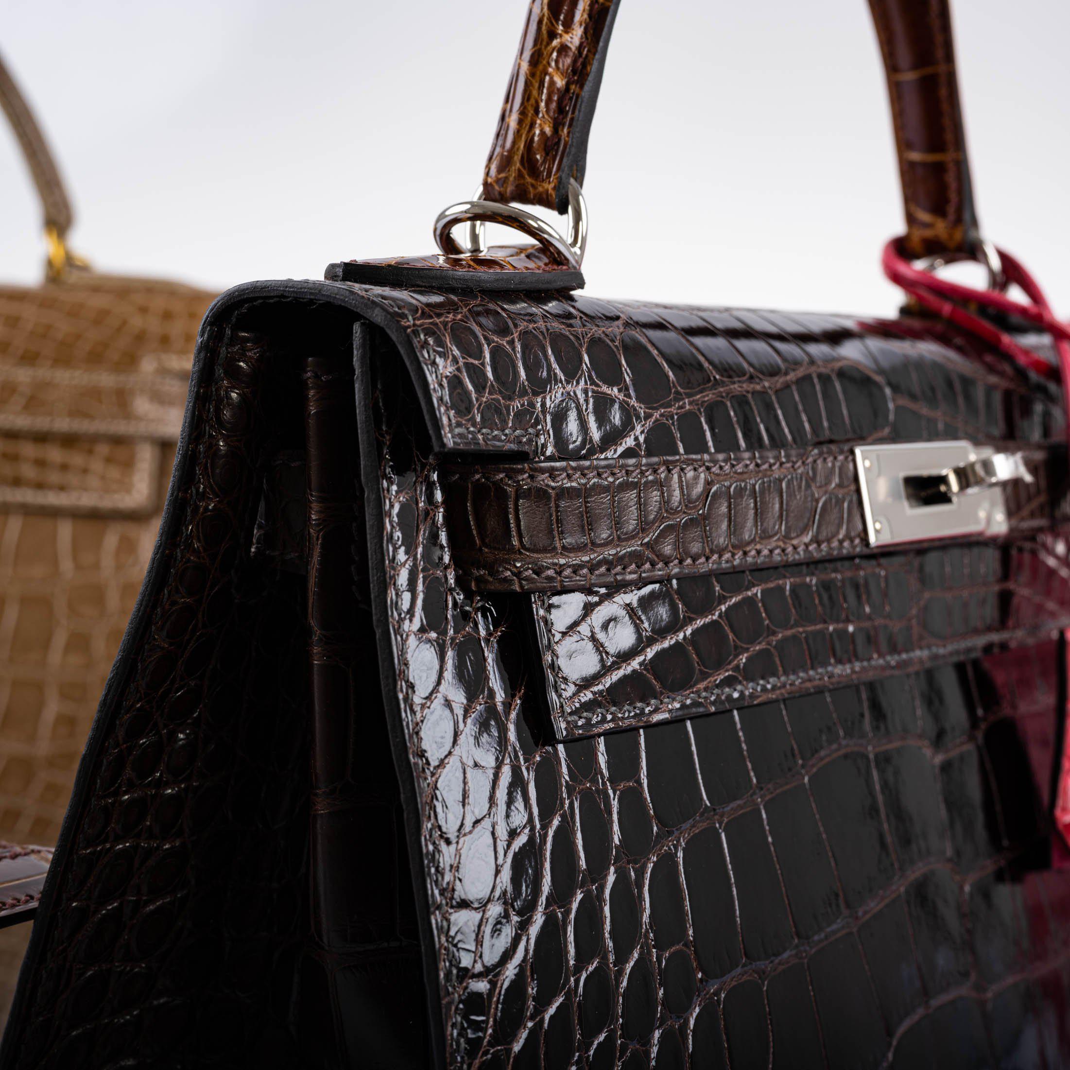 Hermes Kelly 28 Sellier Macassar, Ebene, Miel and Rose Extreme Alligator Palladium Hardware - 2021, Z - Image 4