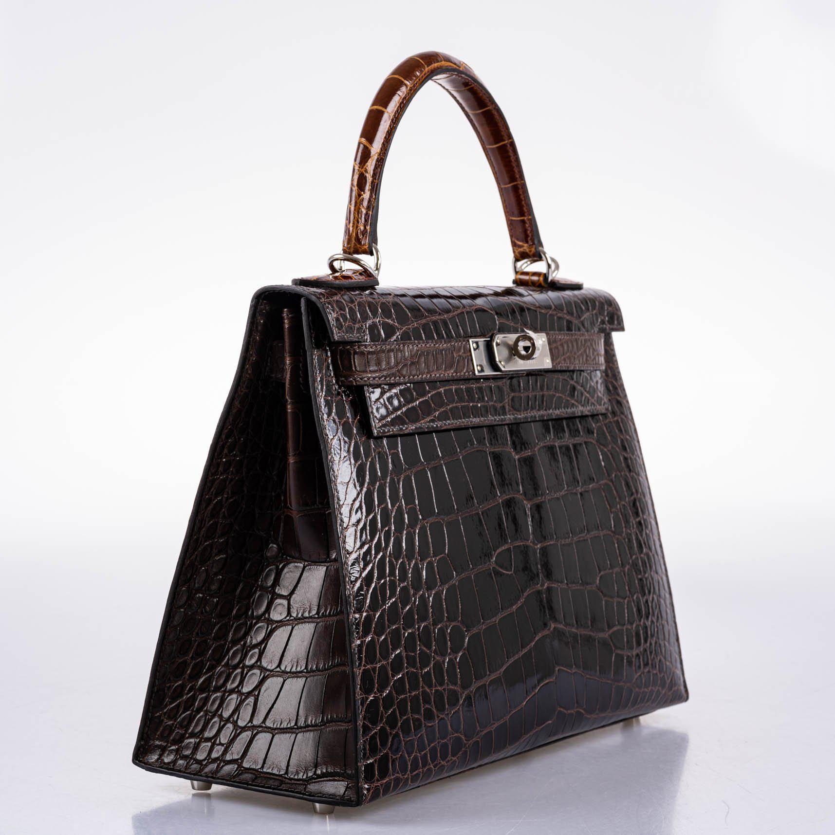 Hermes Kelly 28 Sellier Macassar, Ebene, Miel and Rose Extreme Alligator Palladium Hardware - 2021, Z - Image 16