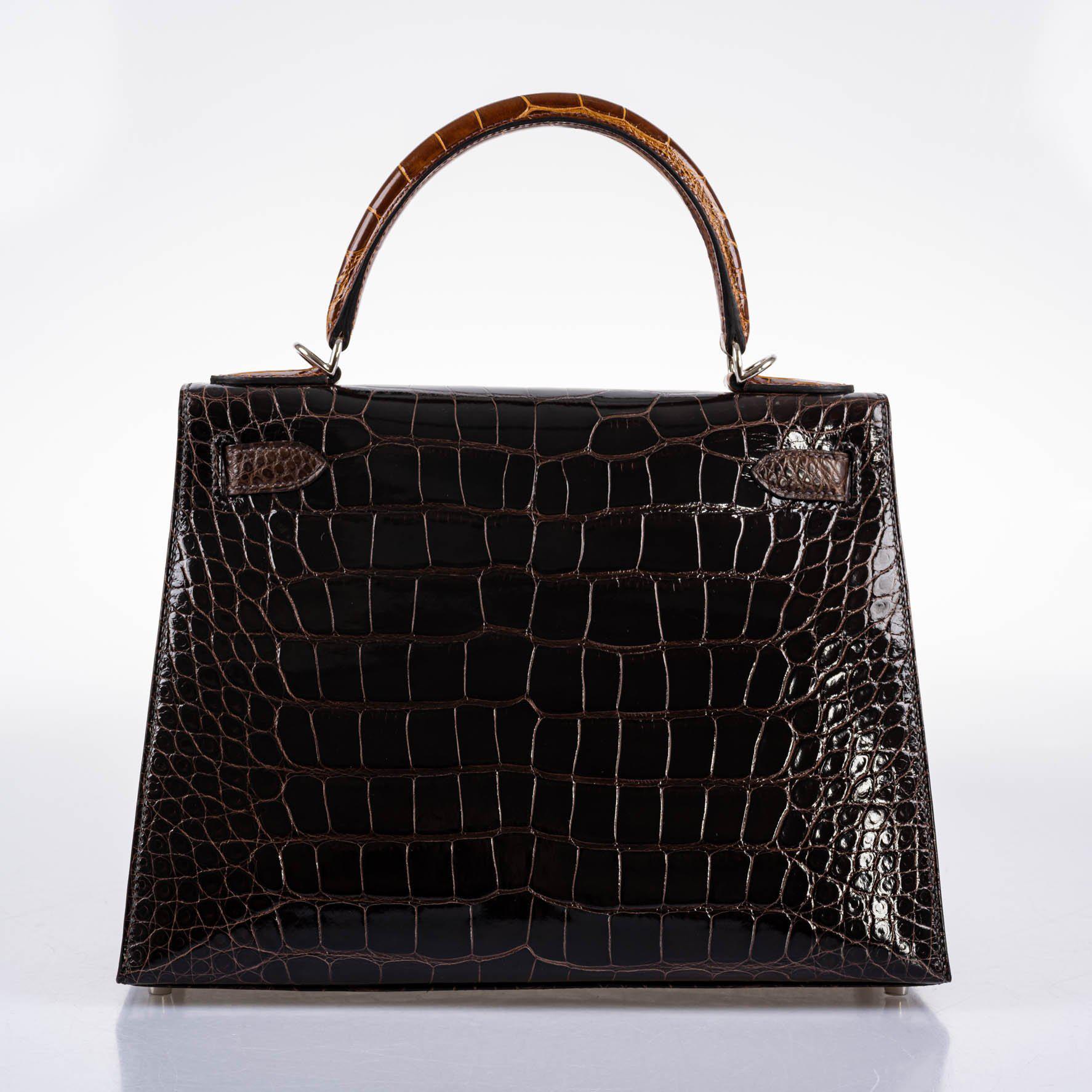 Hermes Kelly 28 Sellier Macassar, Ebene, Miel and Rose Extreme Alligator Palladium Hardware - 2021, Z - Image 14