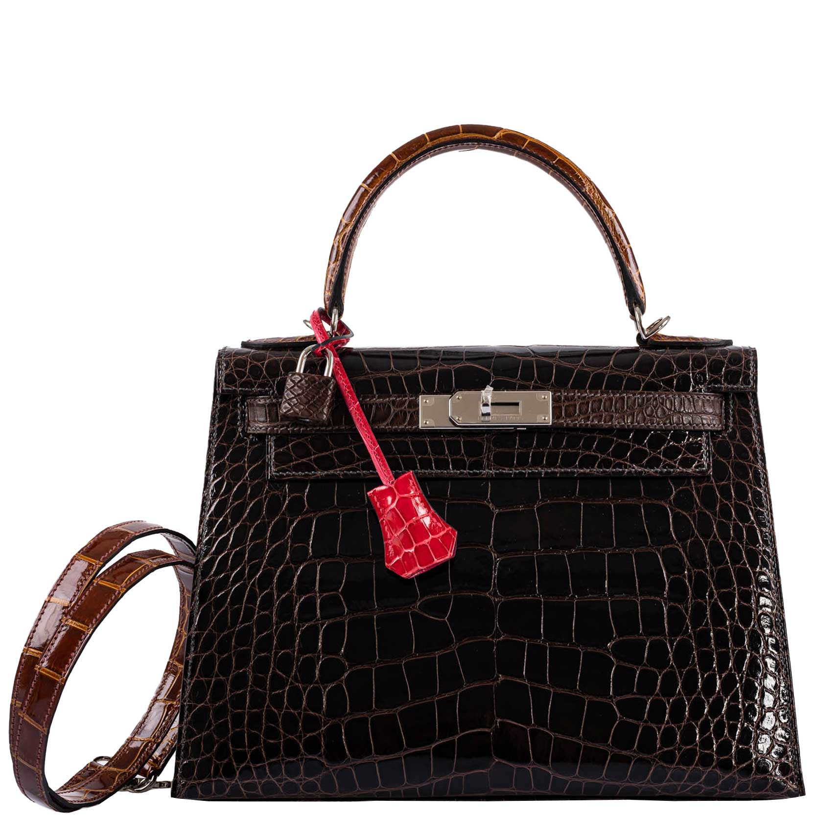 Hermes Kelly 28 Sellier Macassar, Ebene, Miel and Rose Extreme Alligator Palladium Hardware - 2021, Z - Image 10
