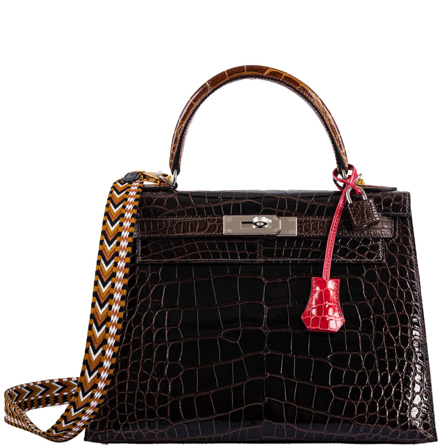 Hermes Kelly 28 Sellier Macassar, Ebene, Miel and Rose Extreme Alligator Palladium Hardware - 2021, Z - Image 6