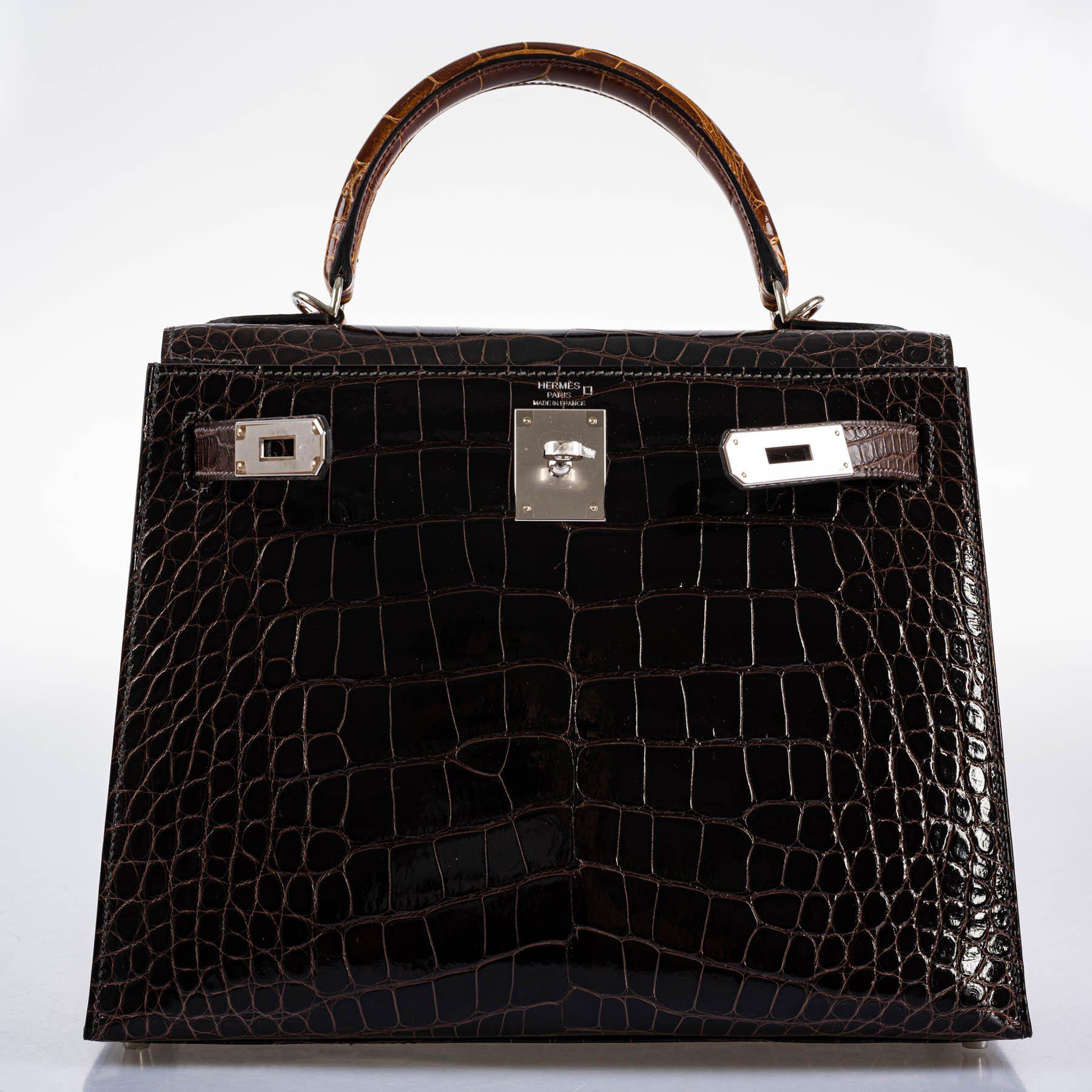 Hermes Kelly 28 Sellier Macassar, Ebene, Miel and Rose Extreme Alligator Palladium Hardware - 2021, Z - Image 13