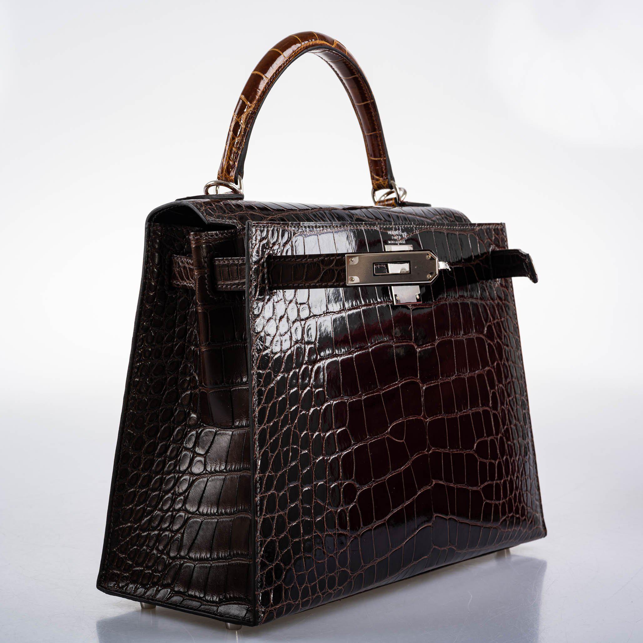 Hermes Kelly 28 Sellier Macassar, Ebene, Miel and Rose Extreme Alligator Palladium Hardware - 2021, Z - Image 12