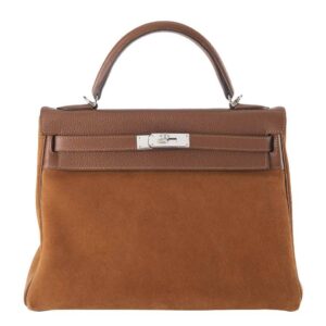Hermes Kelly Grizzly 32 Fauve Gold Suede Togo Leather Palladium Hardware