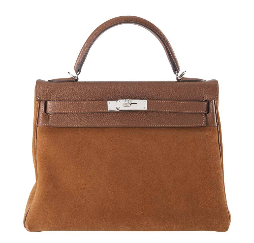 Hermes Kelly Grizzly 32 Fauve Gold Suede Togo Leather Palladium Hardware - Image 17