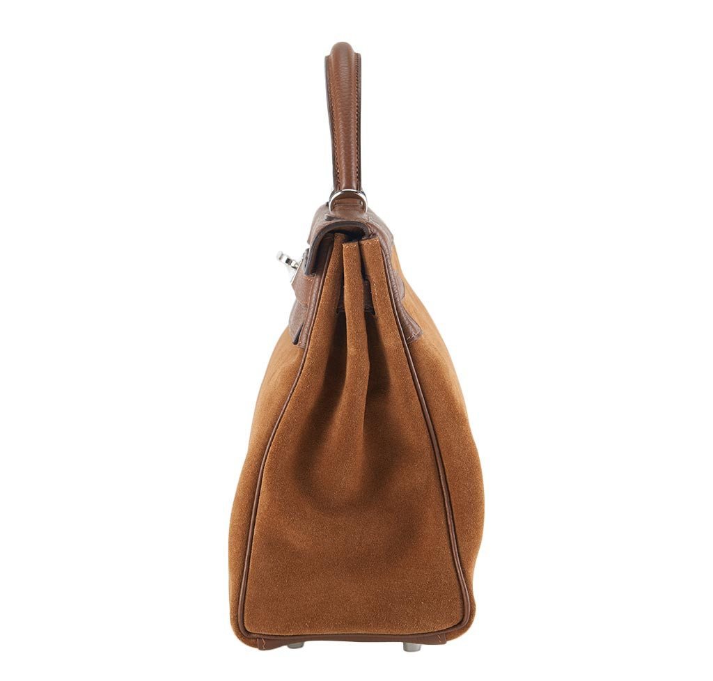 Hermes Kelly Grizzly 32 Fauve Gold Suede Togo Leather Palladium Hardware - Image 7