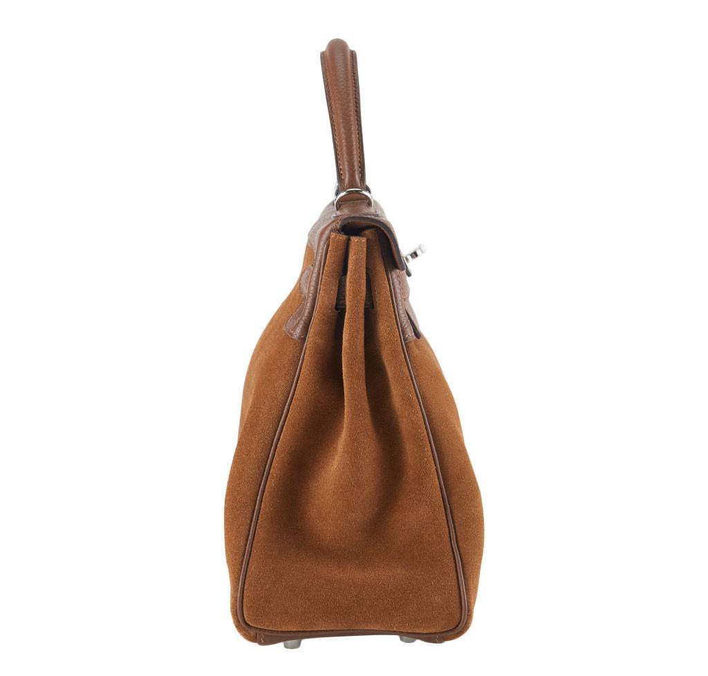 Hermes Kelly Grizzly 32 Fauve Gold Suede Togo Leather Palladium Hardware - Image 8